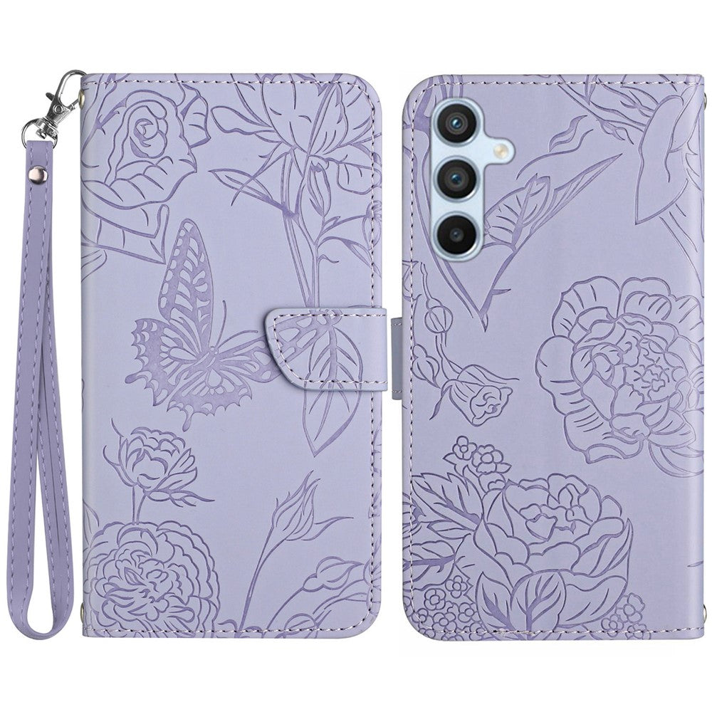 HT03 Til Samsung Galaxy A15 4G Lædercover Præget Blomstercover med Håndrem