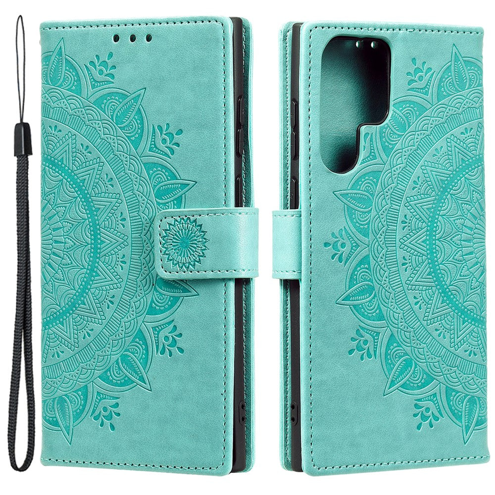 For Samsung Galaxy S24 Ultra Case PU Leather Mandala Flower Stand Cover with Strap