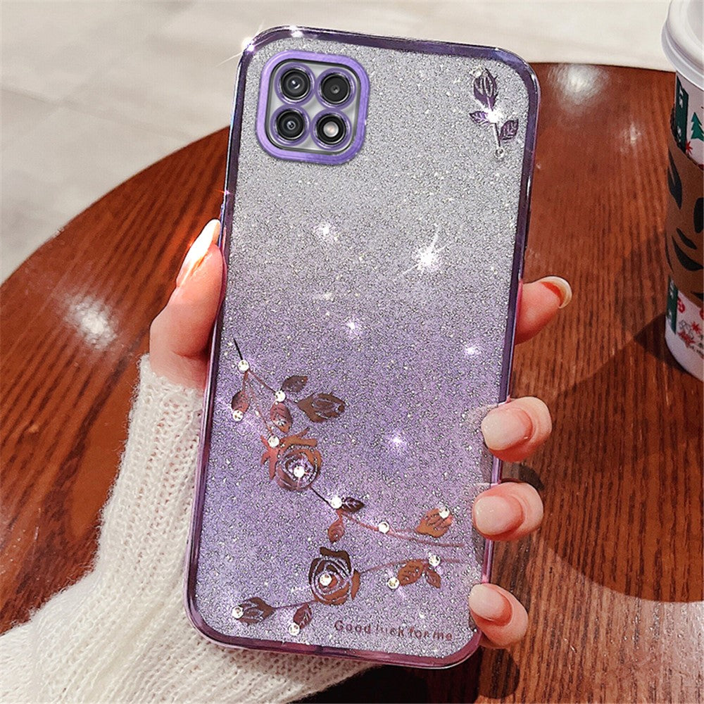 KADEM For Samsung Galaxy A22 5G (EU Version) Case TPU Flower Glitter Phone Cover with Strap