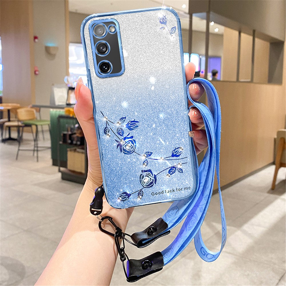 KADEM For Samsung Galaxy S20 FE 4G / FE 5G / S20 Lite / S20 FE 2022 Case Glitter TPU Flower Decor Phone Cover with Strap