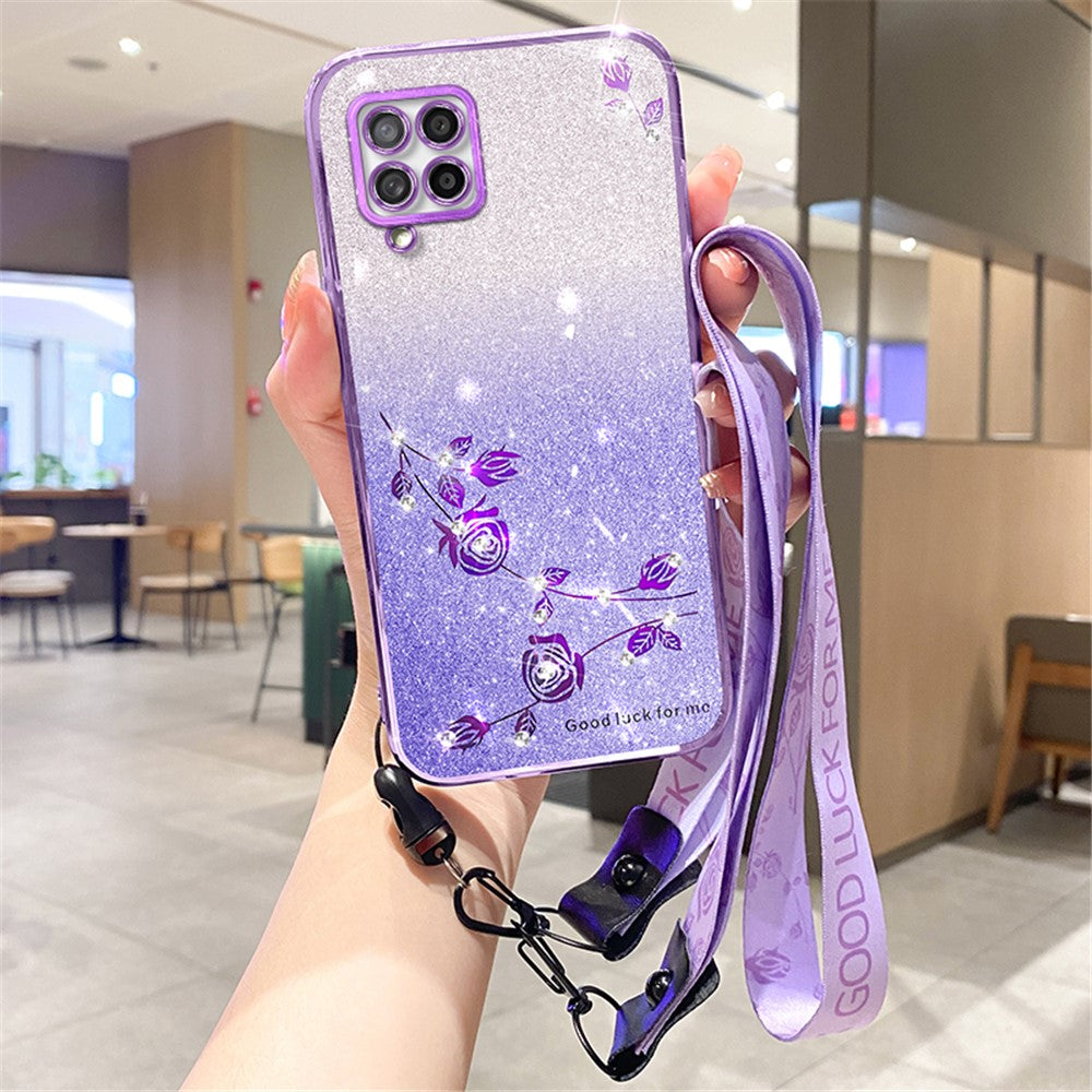 KADEM til Samsung Galaxy M33 5G (Global Version) cover med blomster og rhinsten TPU-telefoncover med rem