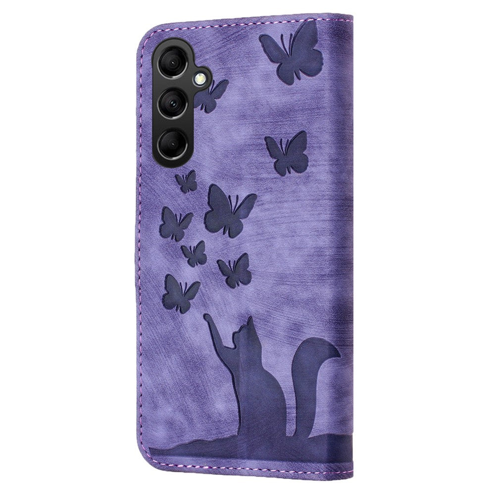 Til Samsung Galaxy A15 5G Cover Sommerfugl Kat Præget PU-læder Telefoncover
