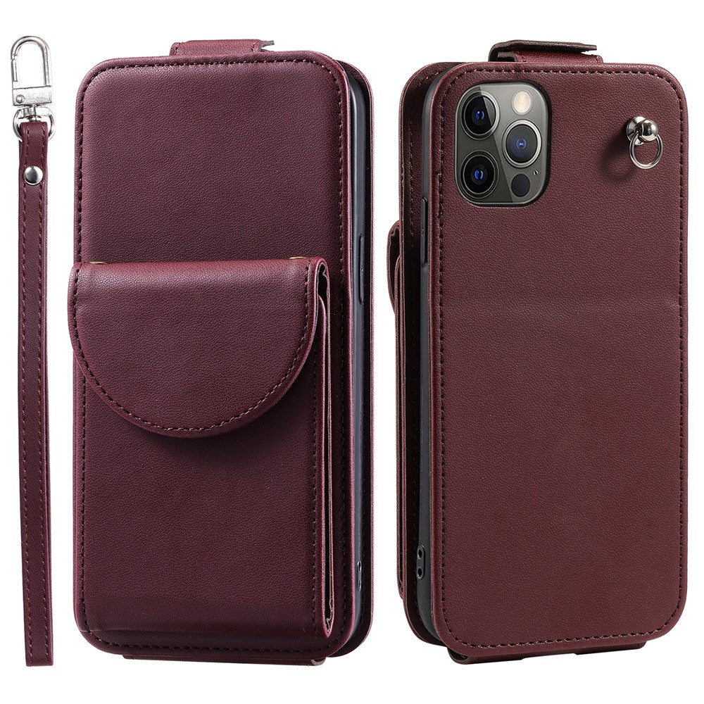 For iPhone 12 / 12 Pro PU Leather + TPU Phone Case Vertical Card Holder Phone Cover with 2 Straps