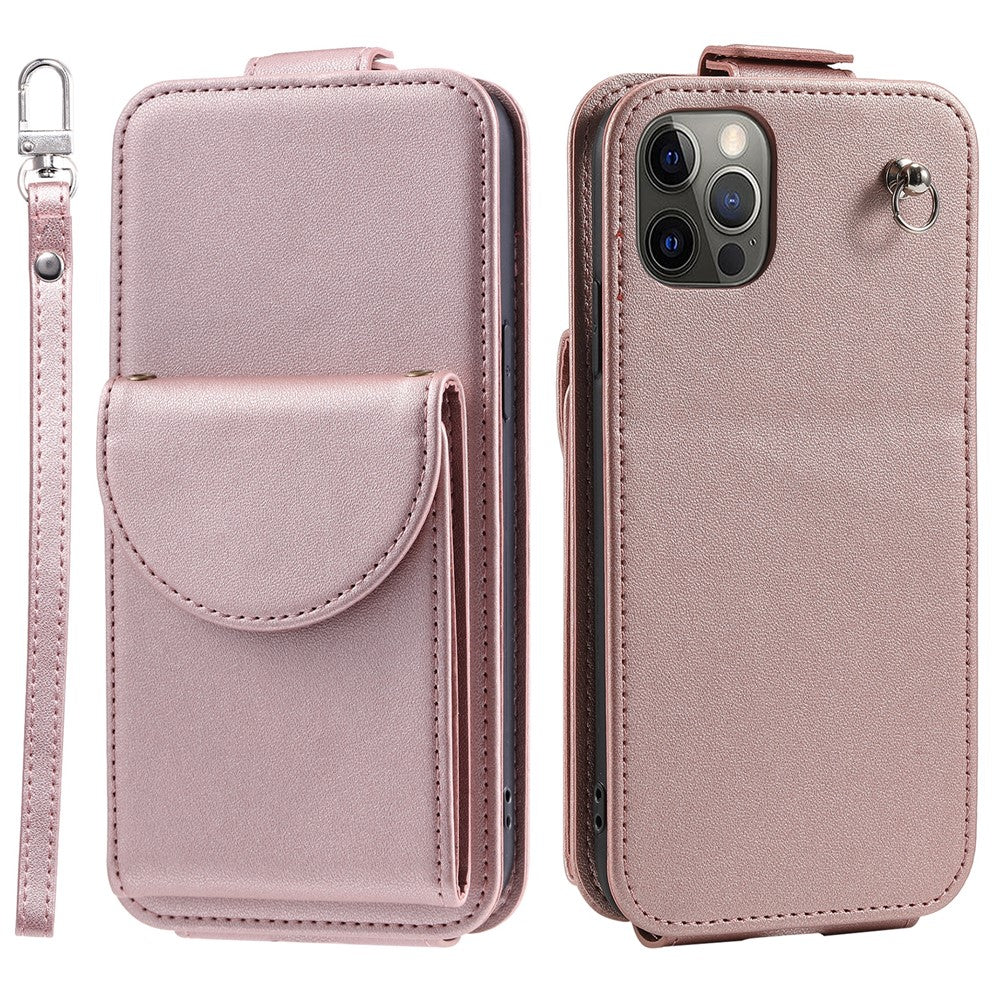 For iPhone 12 / 12 Pro PU Leather + TPU Phone Case Vertical Card Holder Phone Cover with 2 Straps