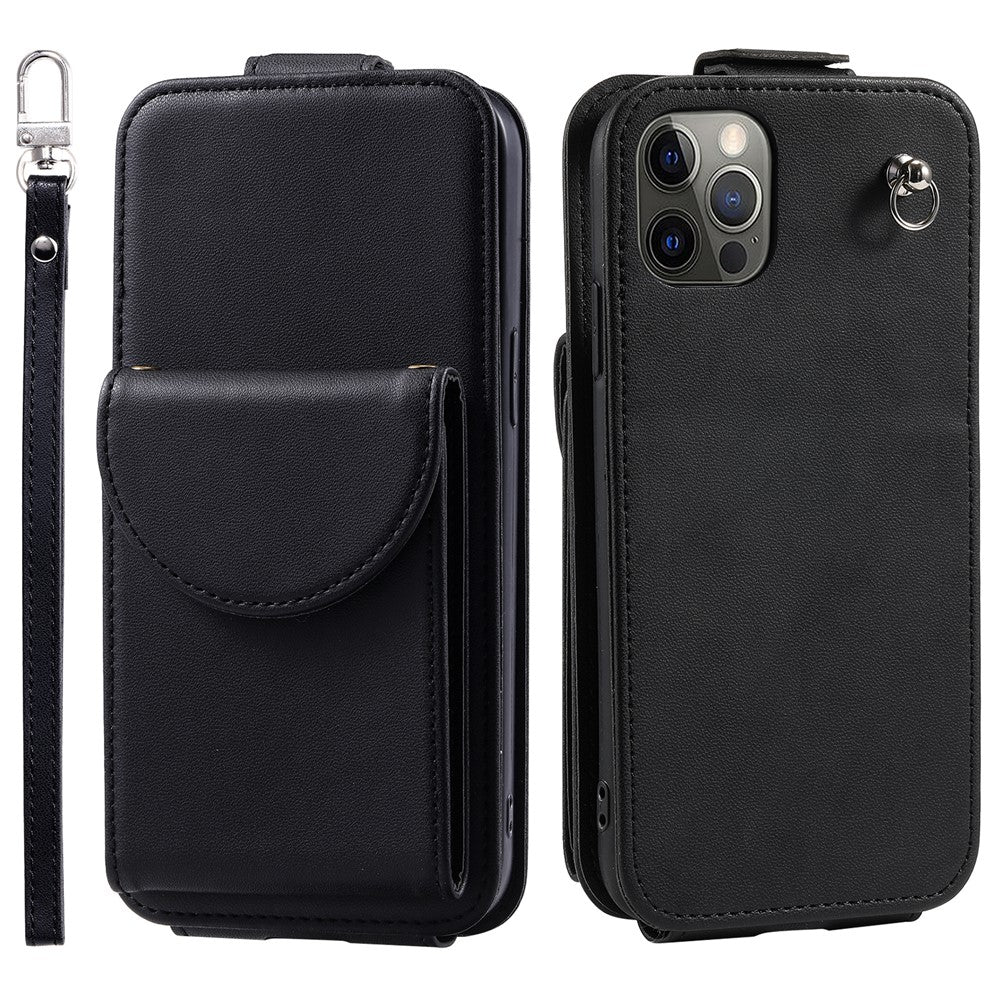 For iPhone 12 / 12 Pro PU Leather + TPU Phone Case Vertical Card Holder Phone Cover with 2 Straps