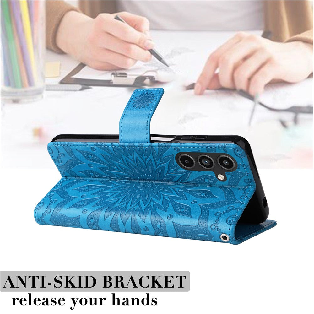 Til Samsung Galaxy A15 5G Telefoncover, Solsikke Præget Læderpung Standcover med Rem