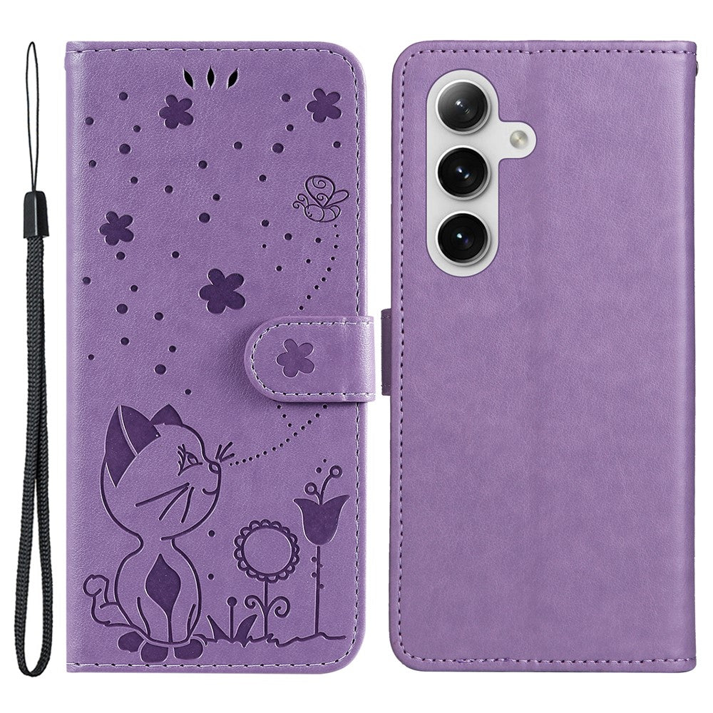 For Samsung Galaxy S25 / S24 Leather Case Cat Bee Pattern Phone Cover Wallet Stand with Strap