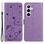 For Samsung Galaxy S25 / S24 Leather Case Cat Bee Pattern Phone Cover Wallet Stand with Strap