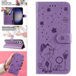 For Samsung Galaxy S25 / S24 Leather Case Cat Bee Pattern Phone Cover Wallet Stand with Strap