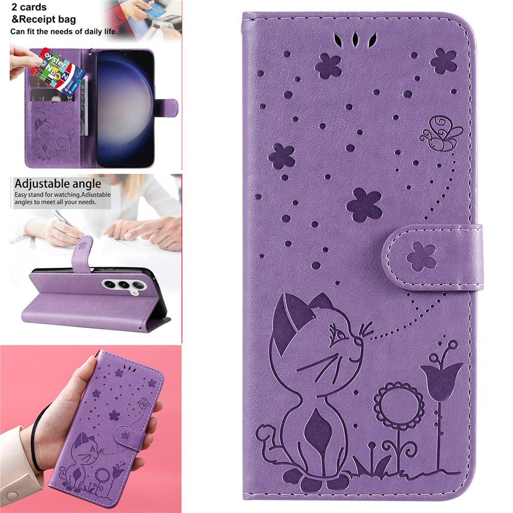 For Samsung Galaxy S25 / S24 Leather Case Cat Bee Pattern Phone Cover Wallet Stand with Strap