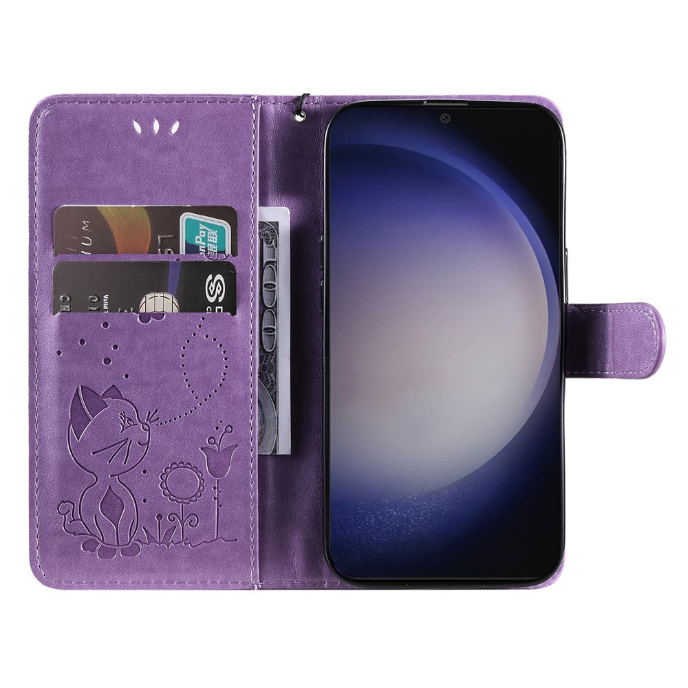 For Samsung Galaxy S25 / S24 Leather Case Cat Bee Pattern Phone Cover Wallet Stand with Strap