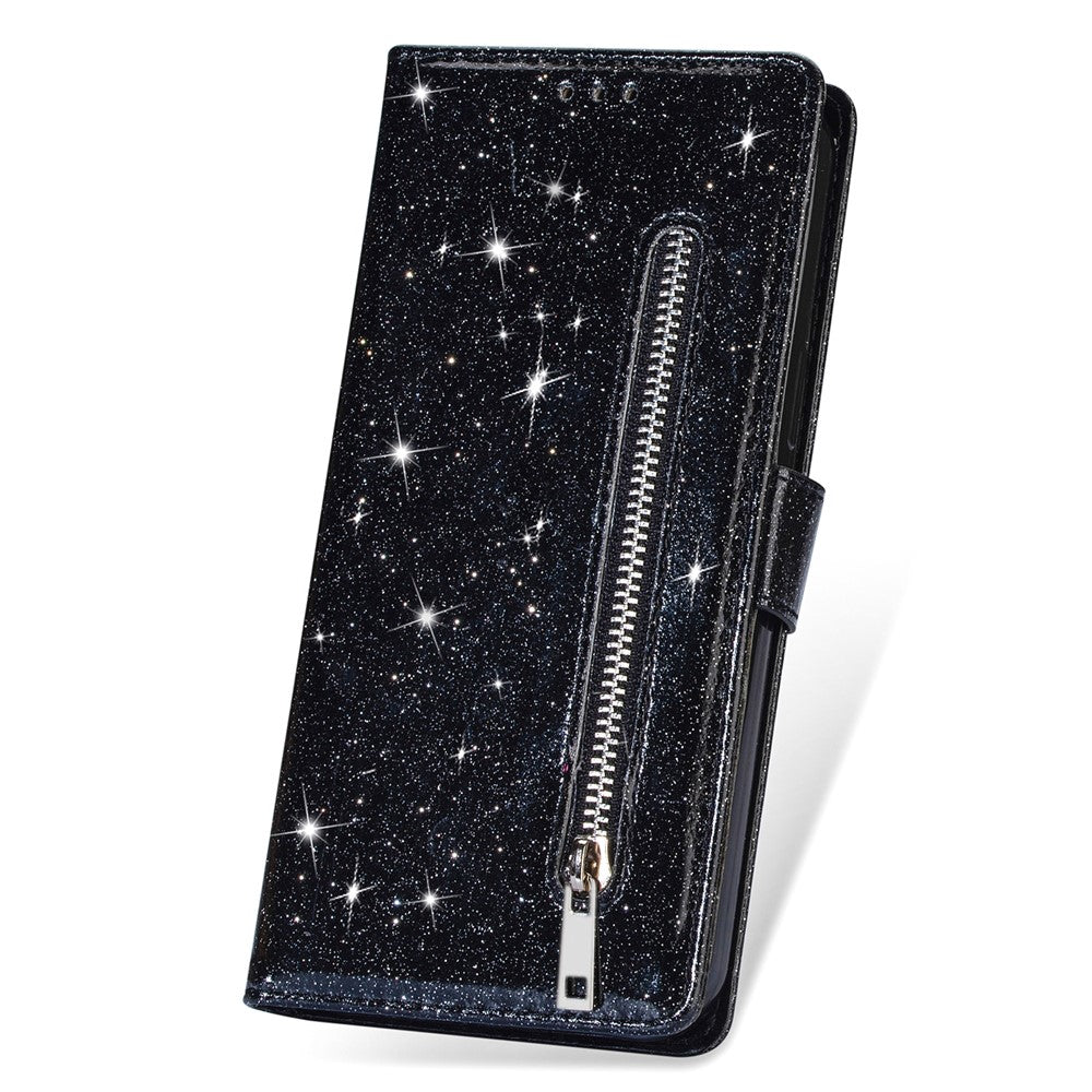 Til Samsung Galaxy A15 4G etui, glitteret PU lædercover med lynlåslomme