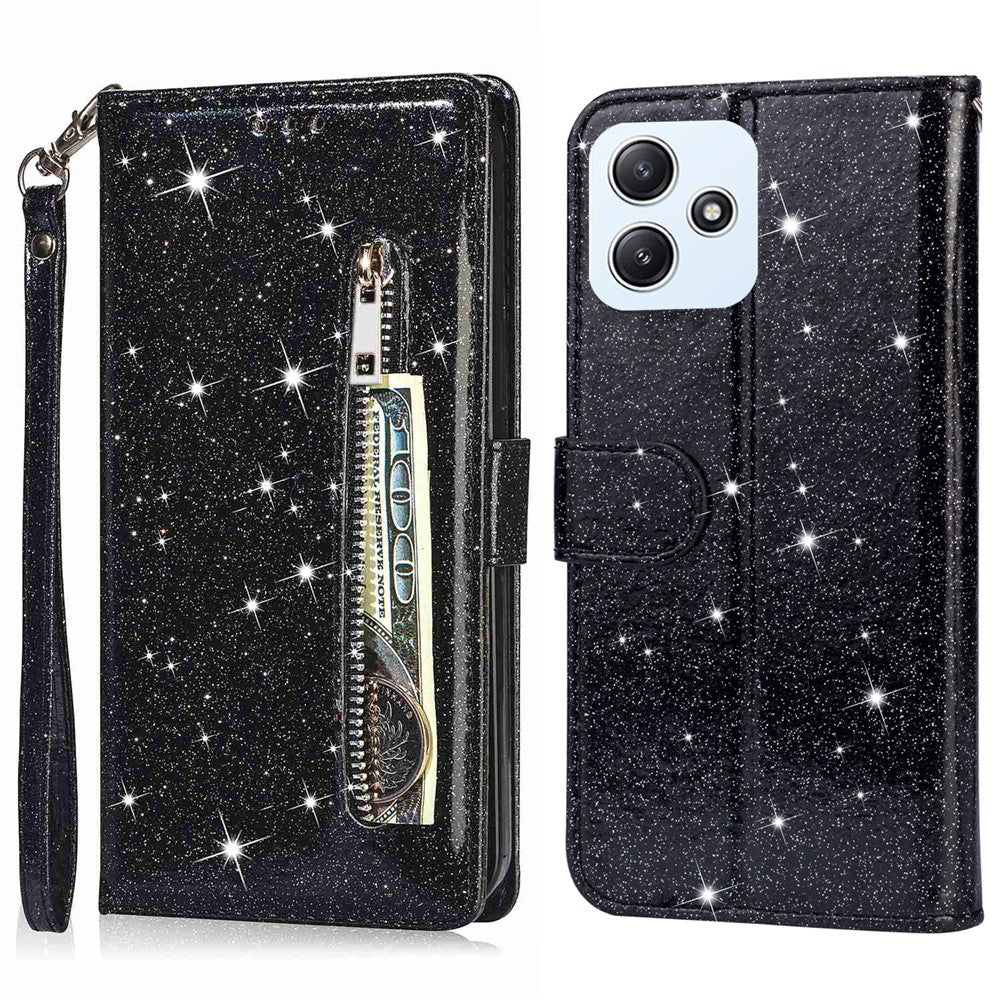 For Xiaomi Redmi 12 4G / 5G (Global) / Poco M6 Pro 5G Case Zipper Pocket Glittery Leather Cover