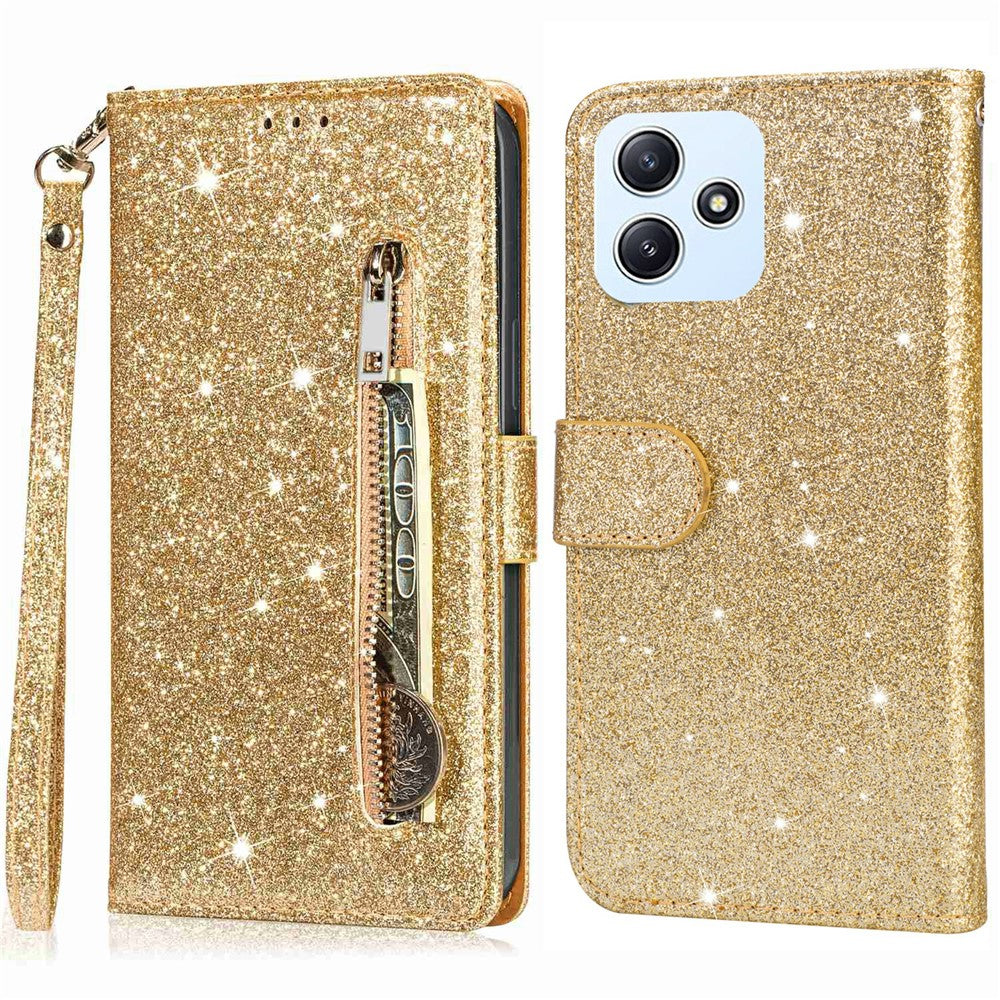 For Xiaomi Redmi 12 4G / 5G (Global) / Poco M6 Pro 5G Case Zipper Pocket Glittery Leather Cover