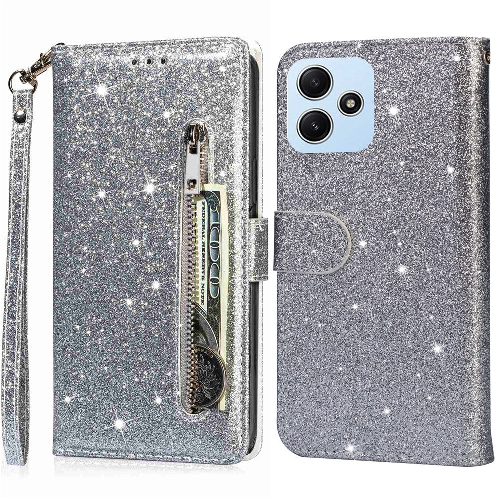 For Xiaomi Redmi 12 4G / 5G (Global) / Poco M6 Pro 5G Case Zipper Pocket Glittery Leather Cover