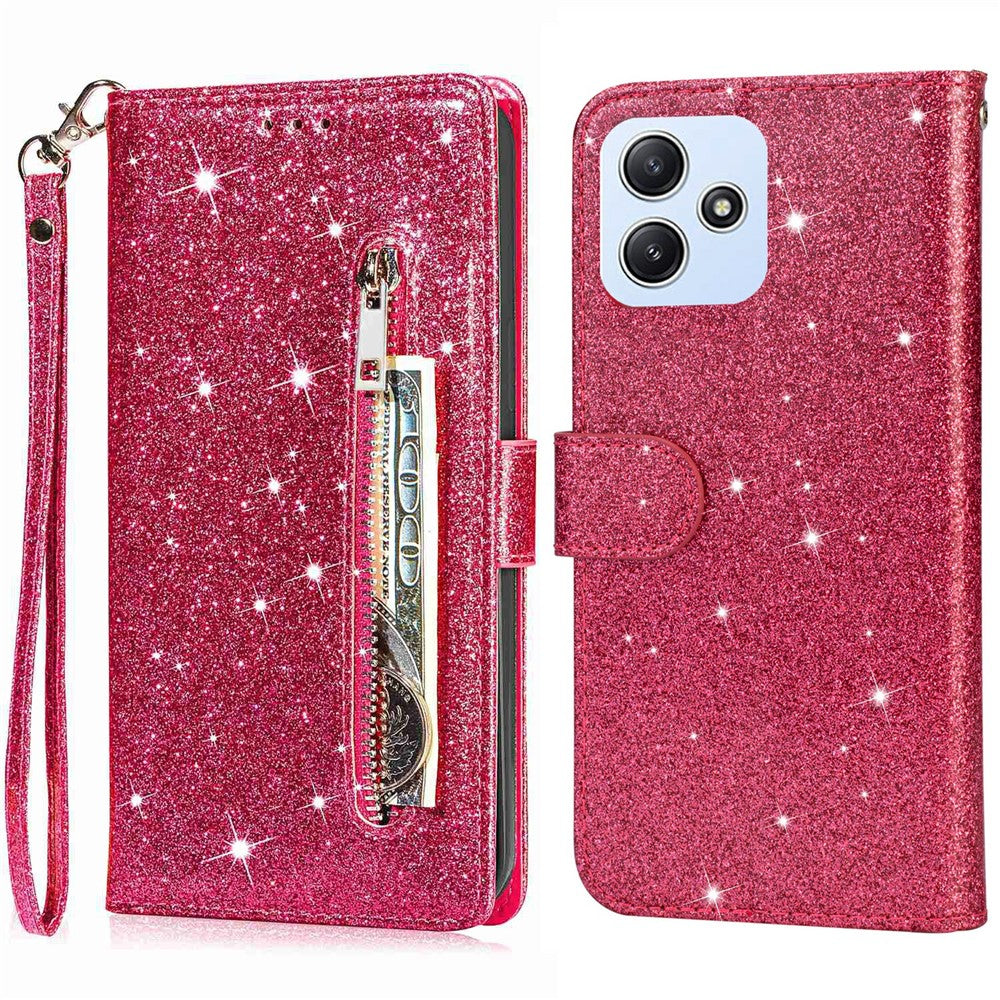 For Xiaomi Redmi 12 4G / 5G (Global) / Poco M6 Pro 5G Case Zipper Pocket Glittery Leather Cover