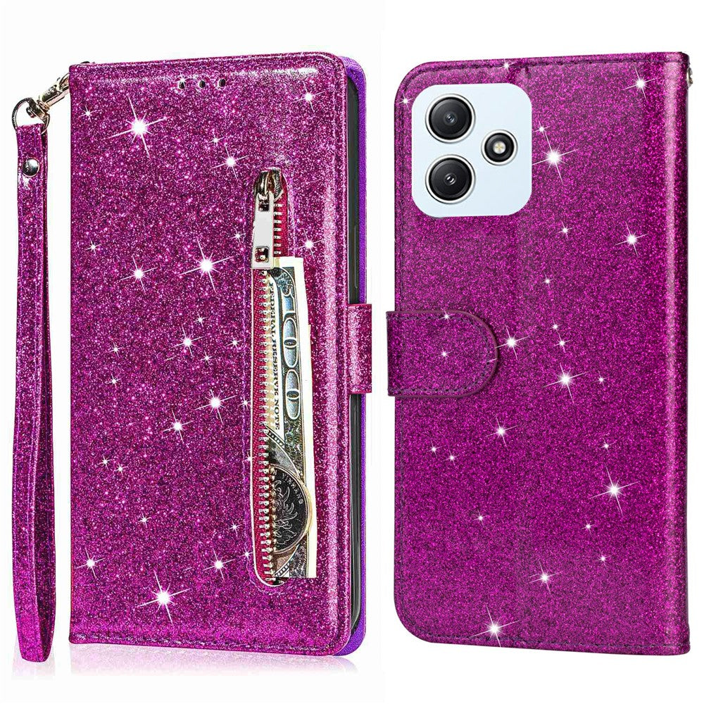 For Xiaomi Redmi 12 4G / 5G (Global) / Poco M6 Pro 5G Case Zipper Pocket Glittery Leather Cover
