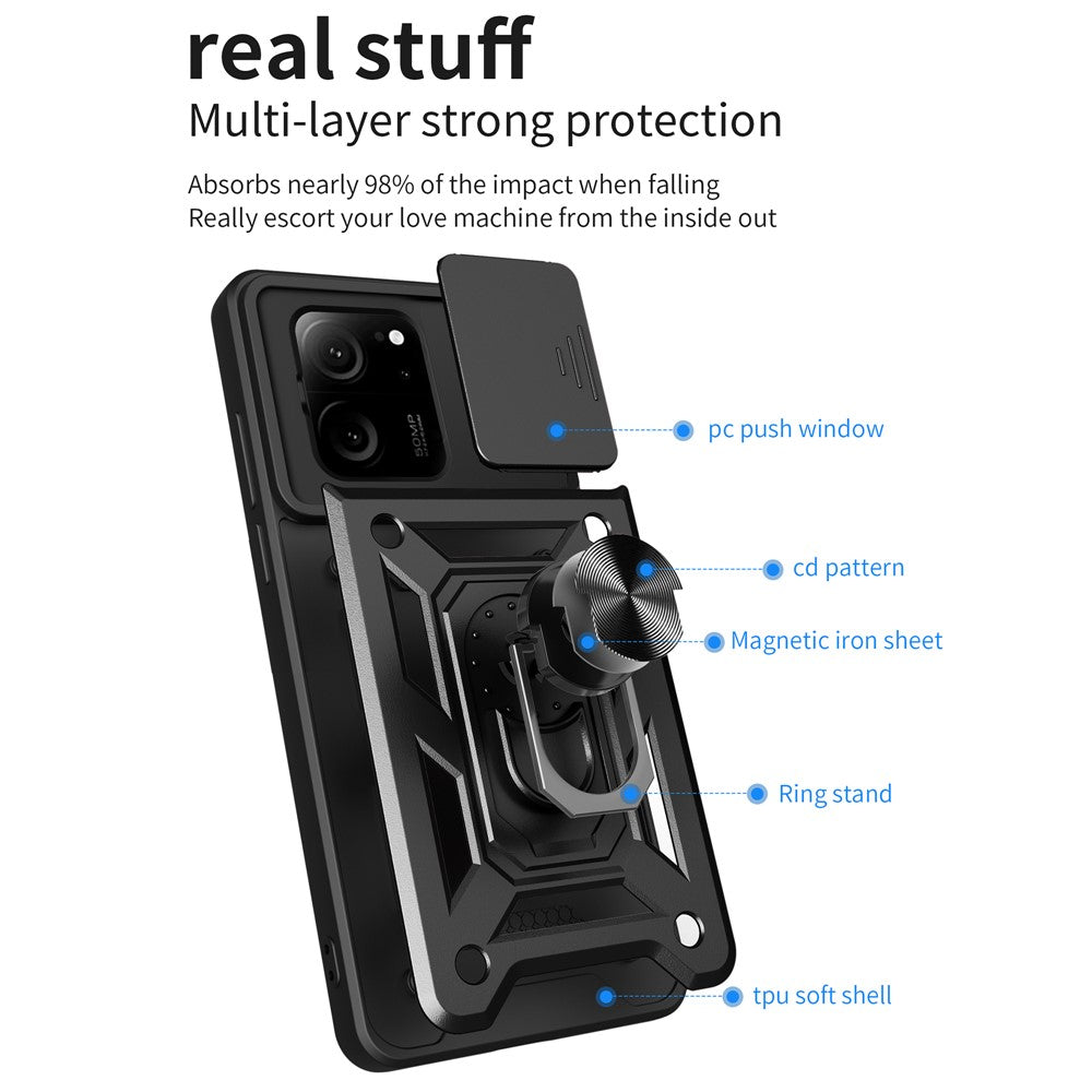 Xiaomi Redmi K60 Ultra / 13T / 13T Pro-skal PC+TPU Stativ mobilskal + Skjutbart Linsskydd