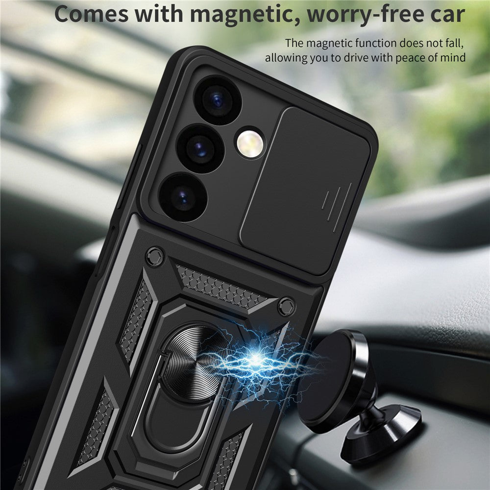 For Samsung Galaxy S24+ Case PC+TPU Kickstand Slide Lens Lid Mobile Phone Cover