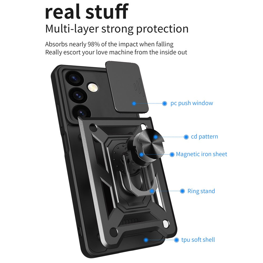 For Samsung Galaxy S24+ Case PC+TPU Kickstand Slide Lens Lid Mobile Phone Cover