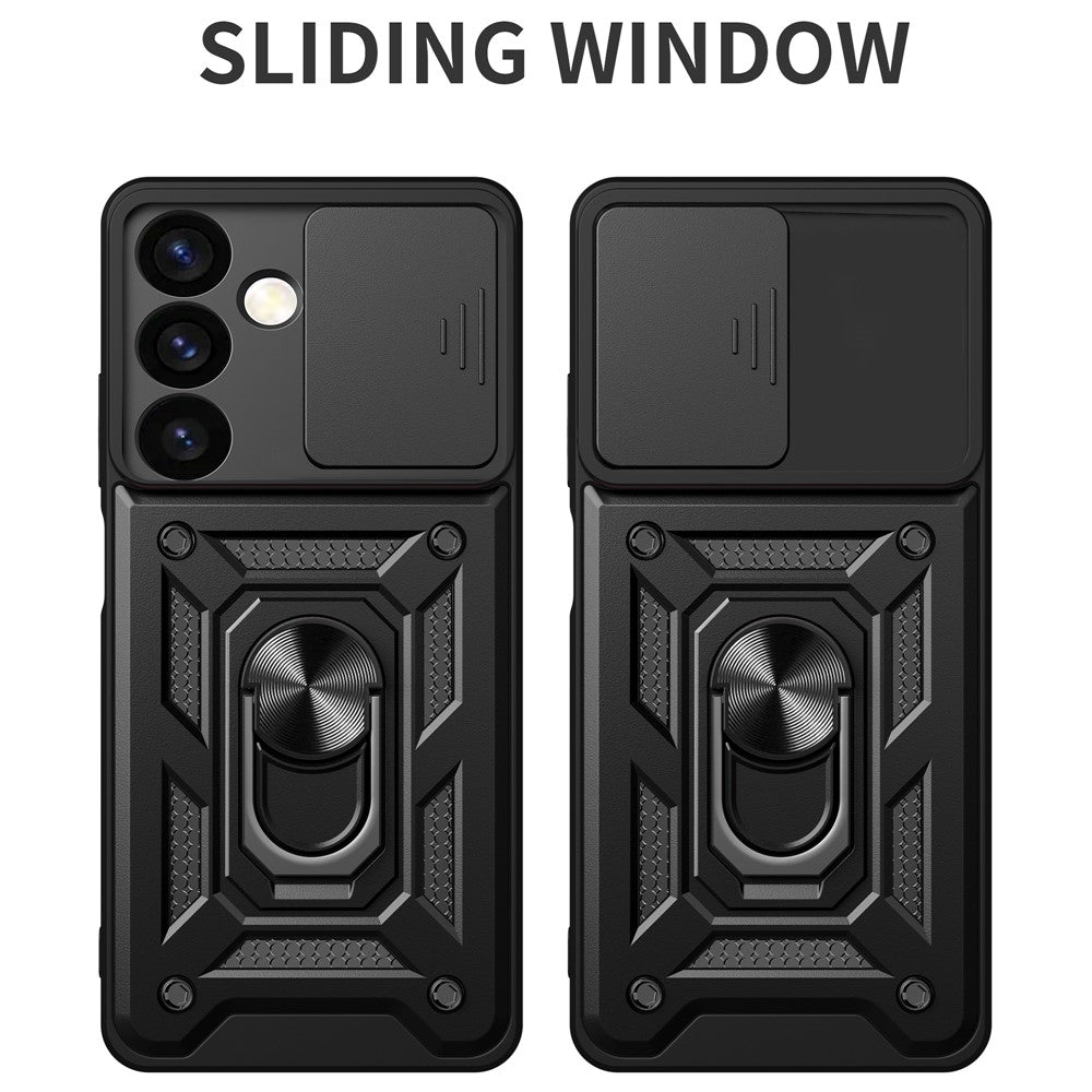 For Samsung Galaxy S24+ Case PC+TPU Kickstand Slide Lens Lid Mobile Phone Cover