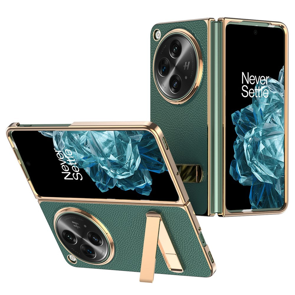 Til OnePlus Open Etui Litchi Tekstur Læder+PC Telefon Kickstand Cover med Hærdet Glasfilm