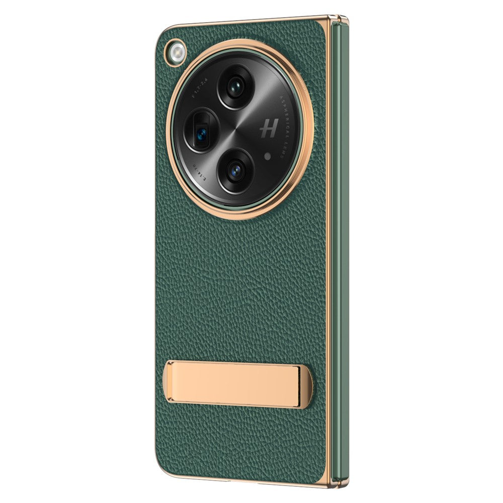 Til OnePlus Open Etui Litchi Tekstur Læder+PC Telefon Kickstand Cover med Hærdet Glasfilm