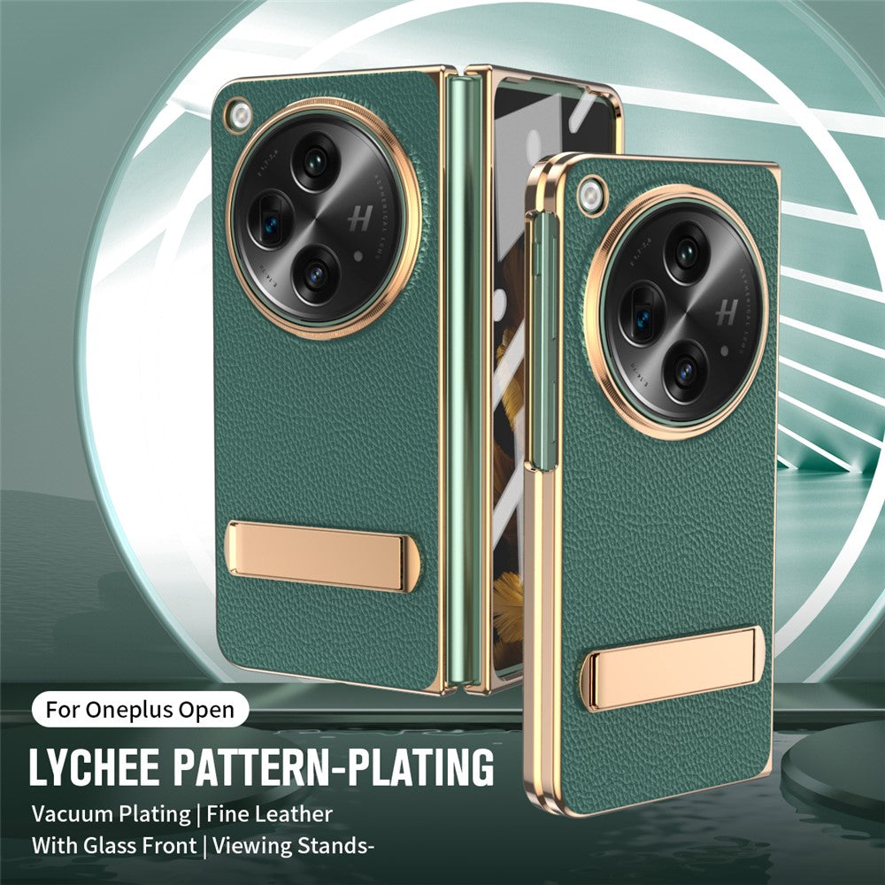 Til OnePlus Open Etui Litchi Tekstur Læder+PC Telefon Kickstand Cover med Hærdet Glasfilm