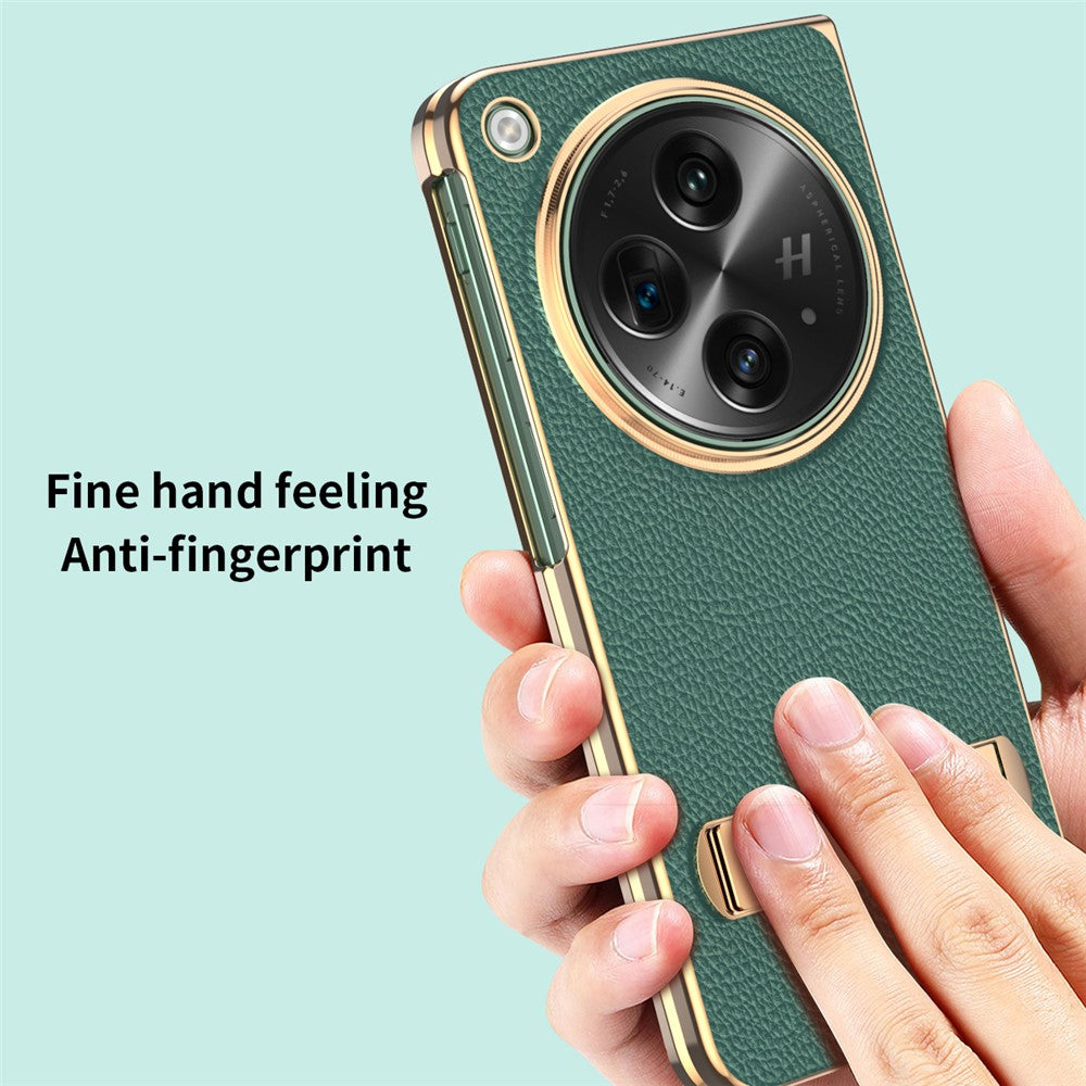 Til OnePlus Open Etui Litchi Tekstur Læder+PC Telefon Kickstand Cover med Hærdet Glasfilm