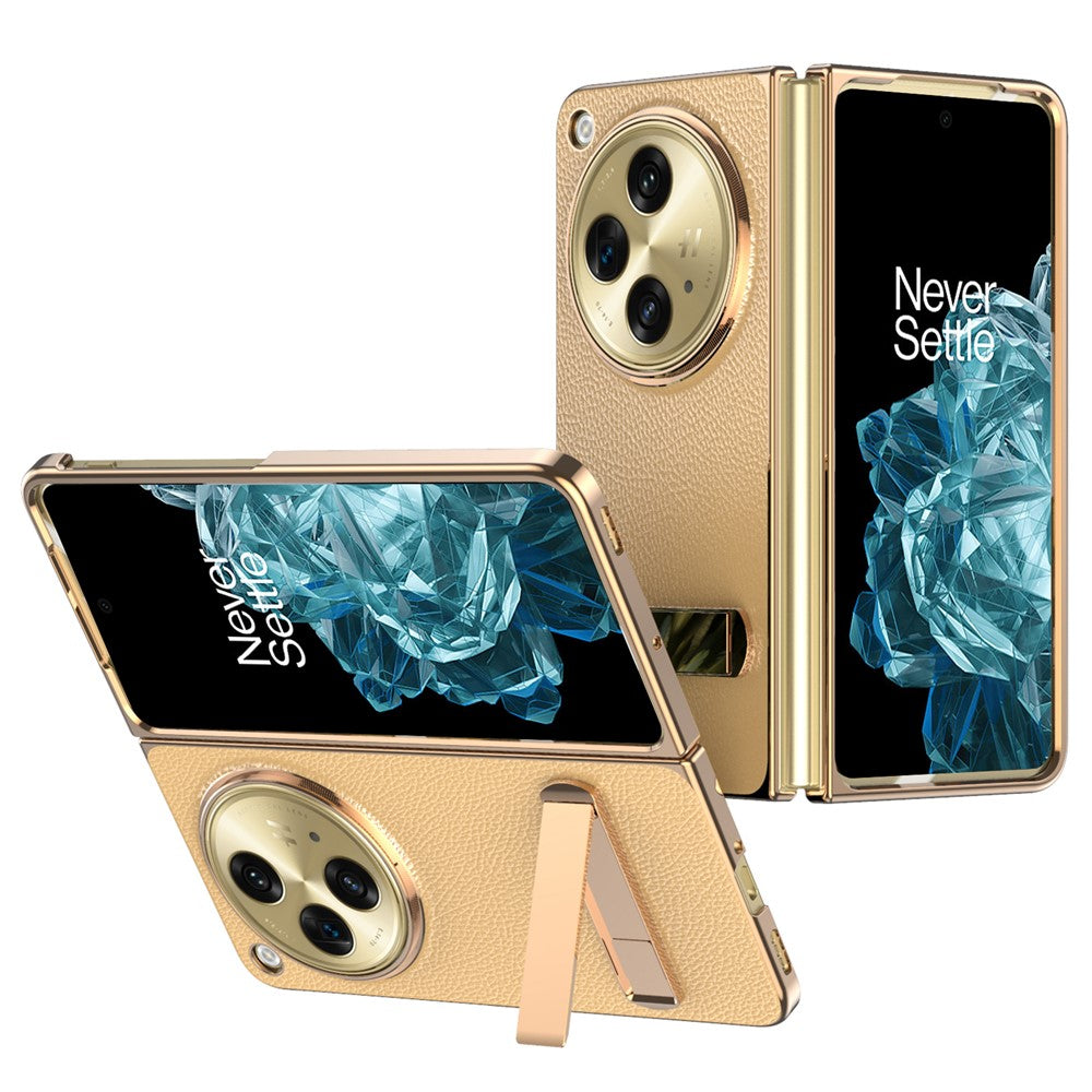 Til OnePlus Open Etui Litchi Tekstur Læder+PC Telefon Kickstand Cover med Hærdet Glasfilm