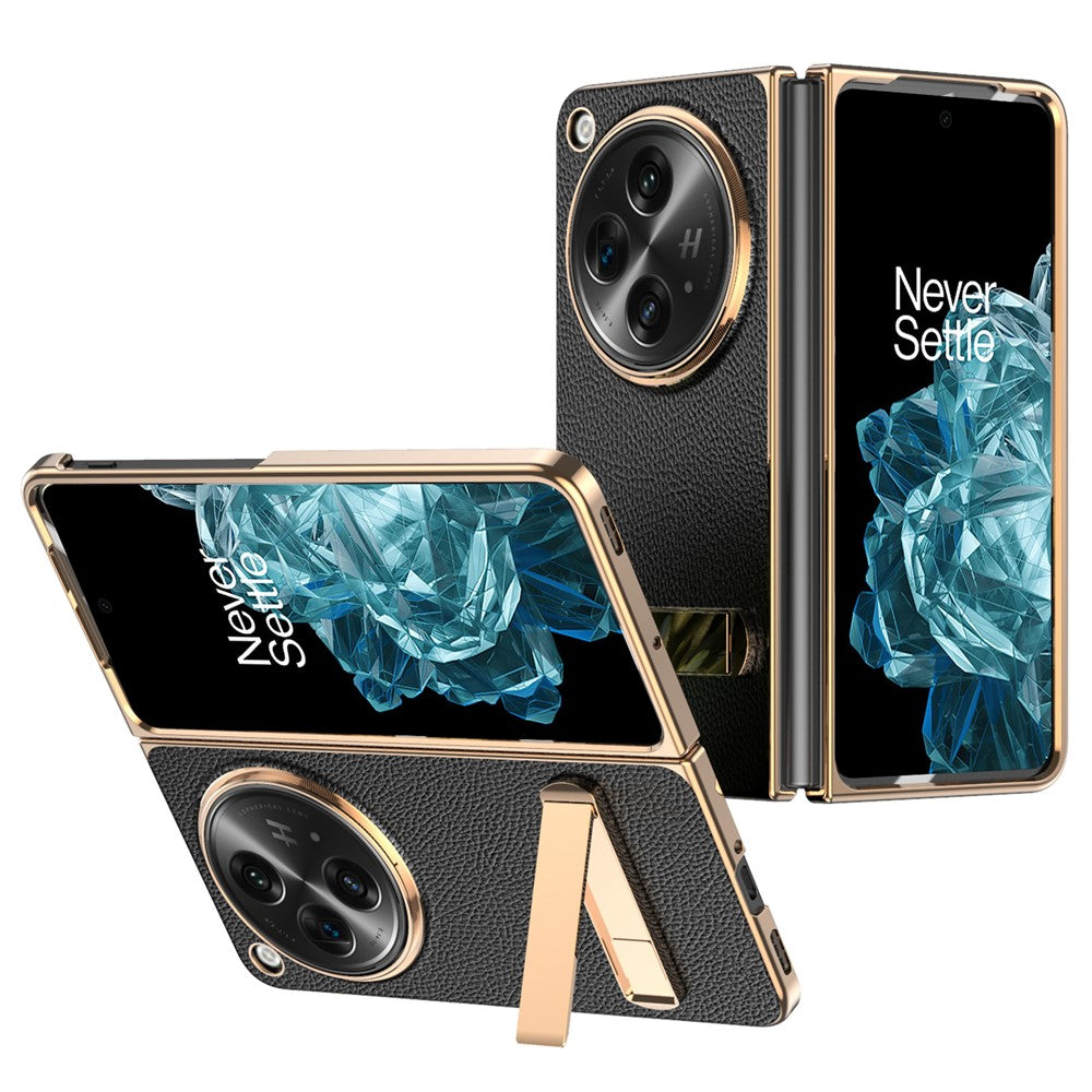 Til OnePlus Open Etui Litchi Tekstur Læder+PC Telefon Kickstand Cover med Hærdet Glasfilm