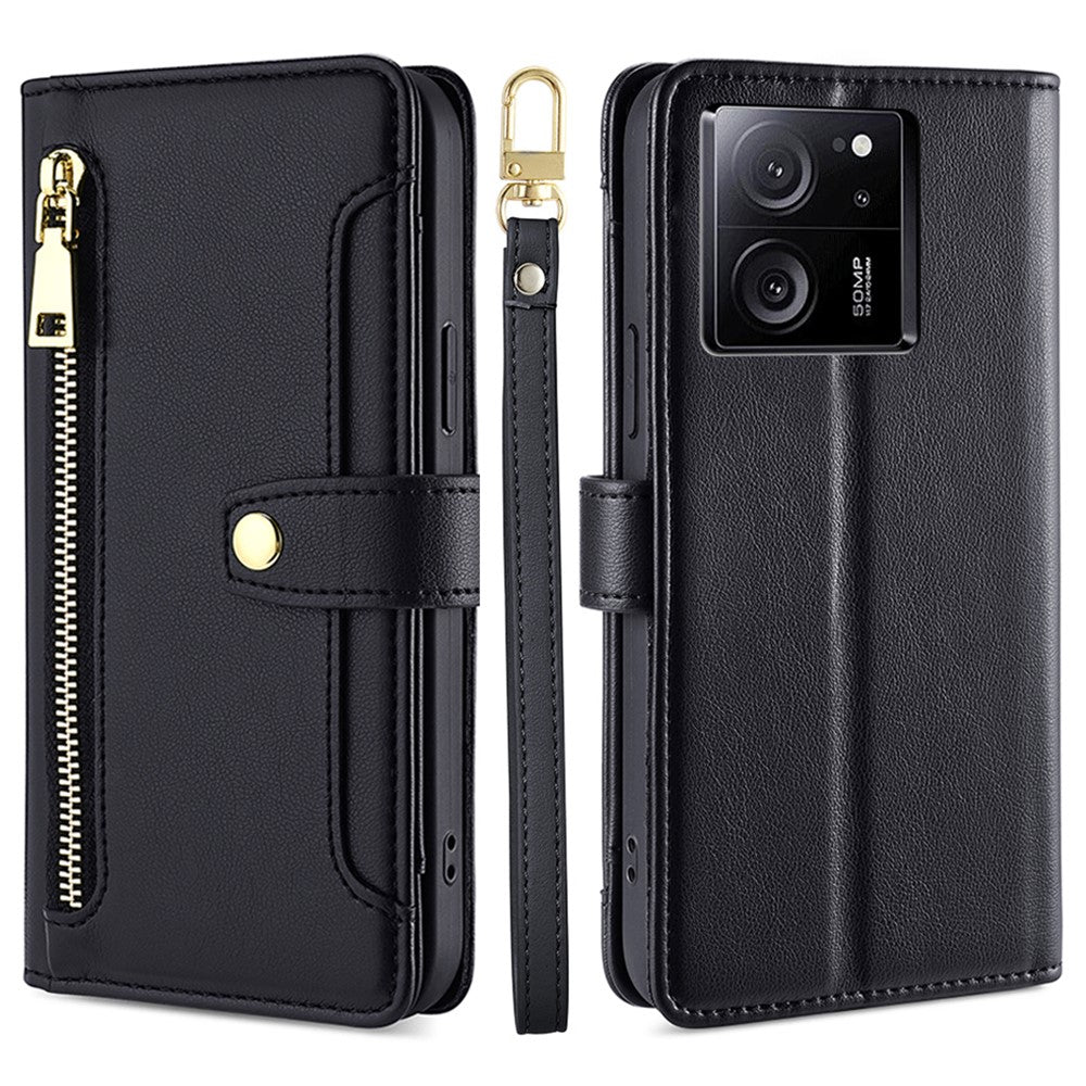Xiaomi Redmi K60 Ultra / 13T / 13T Pro-skal med läder, dragkedja, plånboksfodral, mobilfodral med lång och kort rem