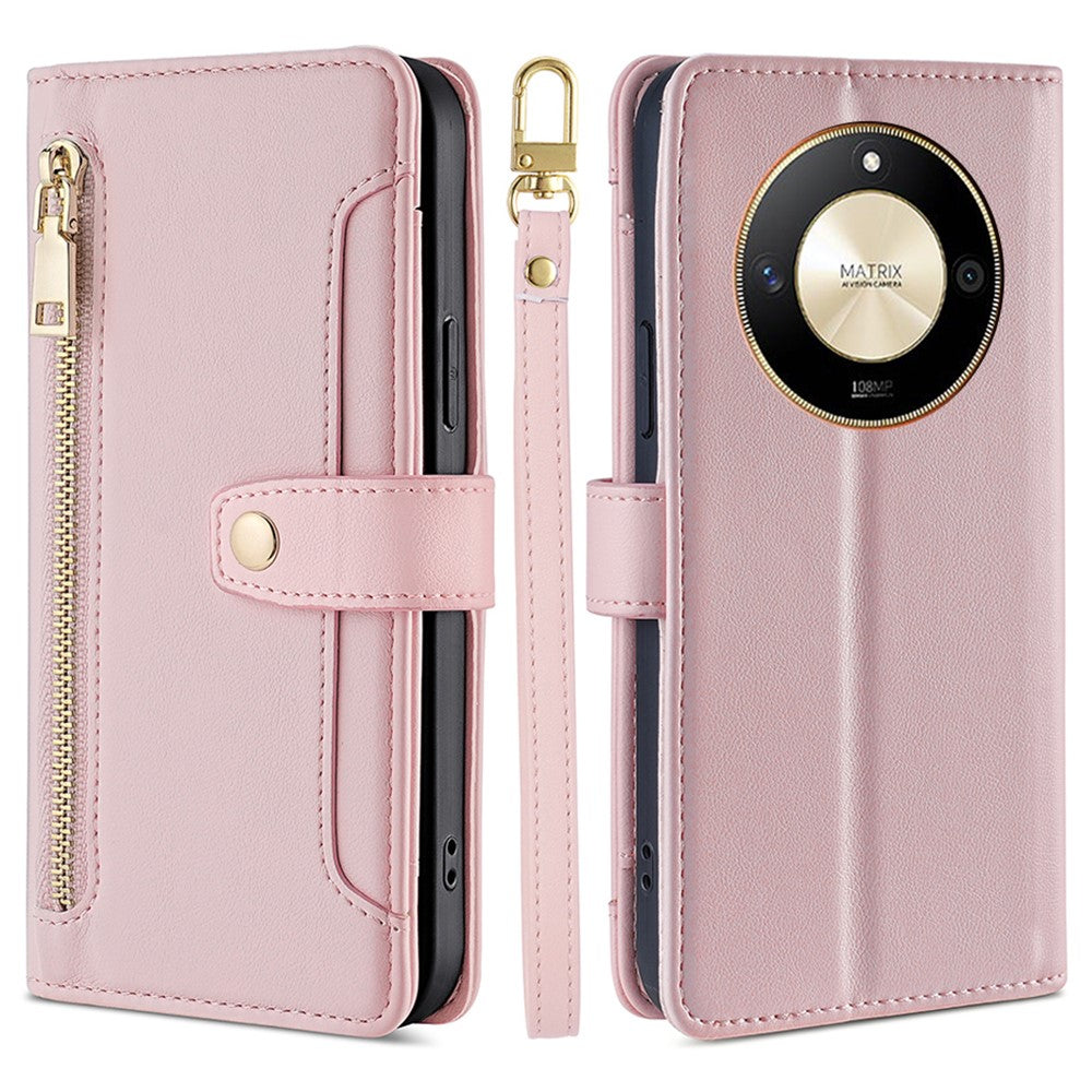For Honor X50 5G Case PU Leather Wallet Zipper Pocket Smartphone Cover with 2 Straps