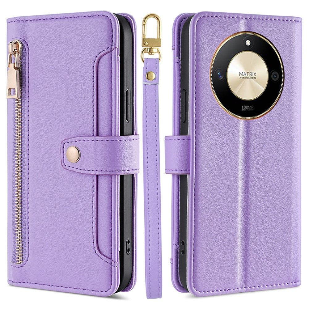 For Honor X50 5G Case PU Leather Wallet Zipper Pocket Smartphone Cover with 2 Straps