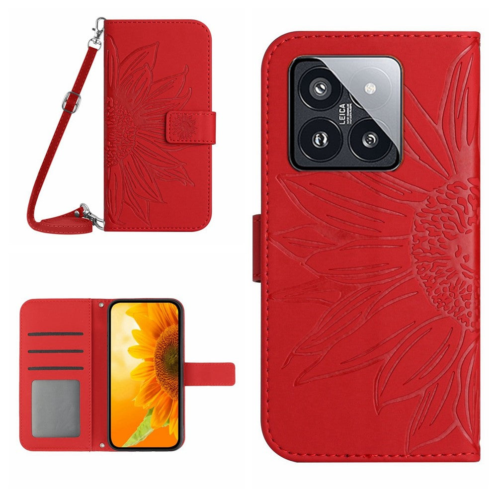 HT04 For Xiaomi 14 Pro Case Skin-touch Wallet Stand Leather Cover with Shoulder Strap