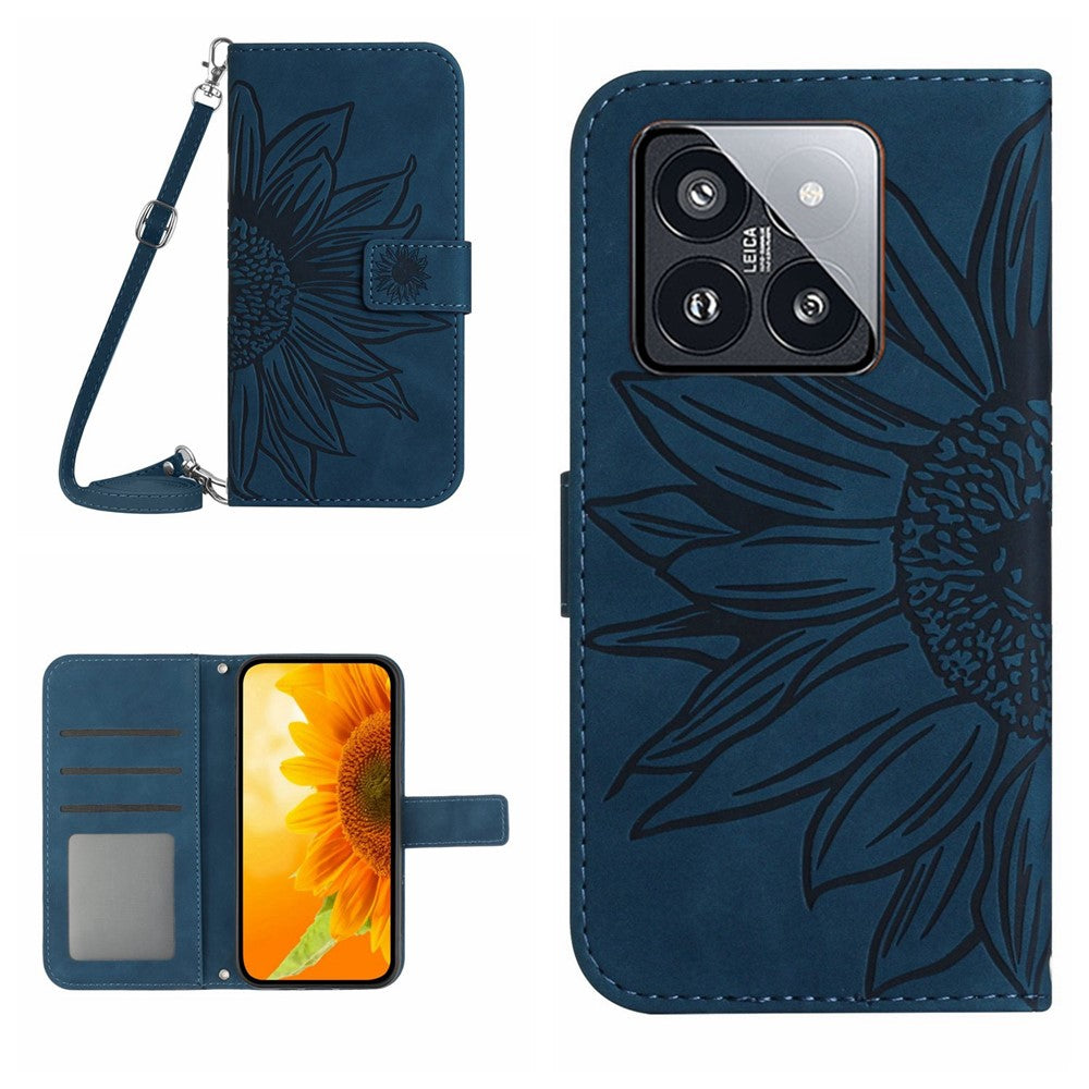 HT04 For Xiaomi 14 Case Sunflower Imprinted Stand Wallet Cover with Shoulder Strap