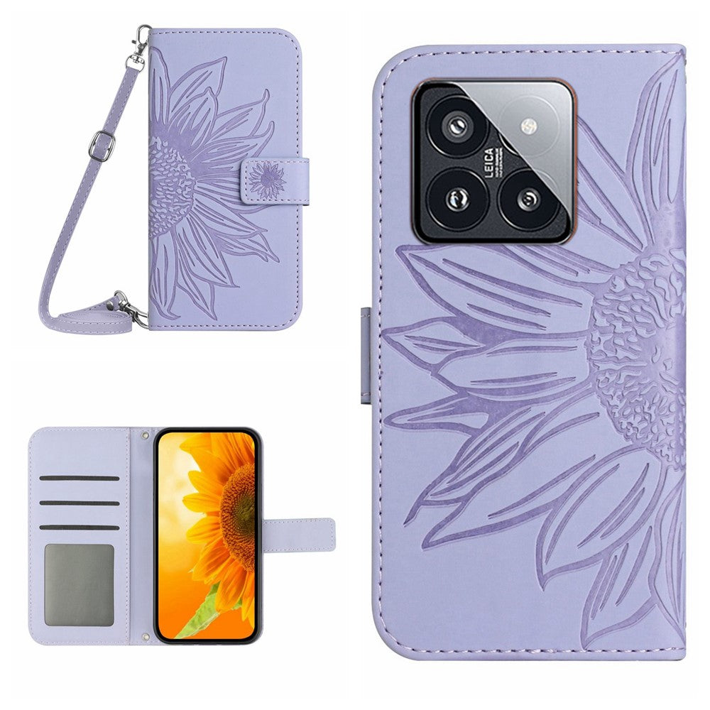 HT04 For Xiaomi 14 Case Sunflower Imprinted Stand Wallet Cover with Shoulder Strap