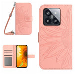 HT04 For Xiaomi 14 Case Sunflower Imprinted Stand Wallet Cover with Shoulder Strap