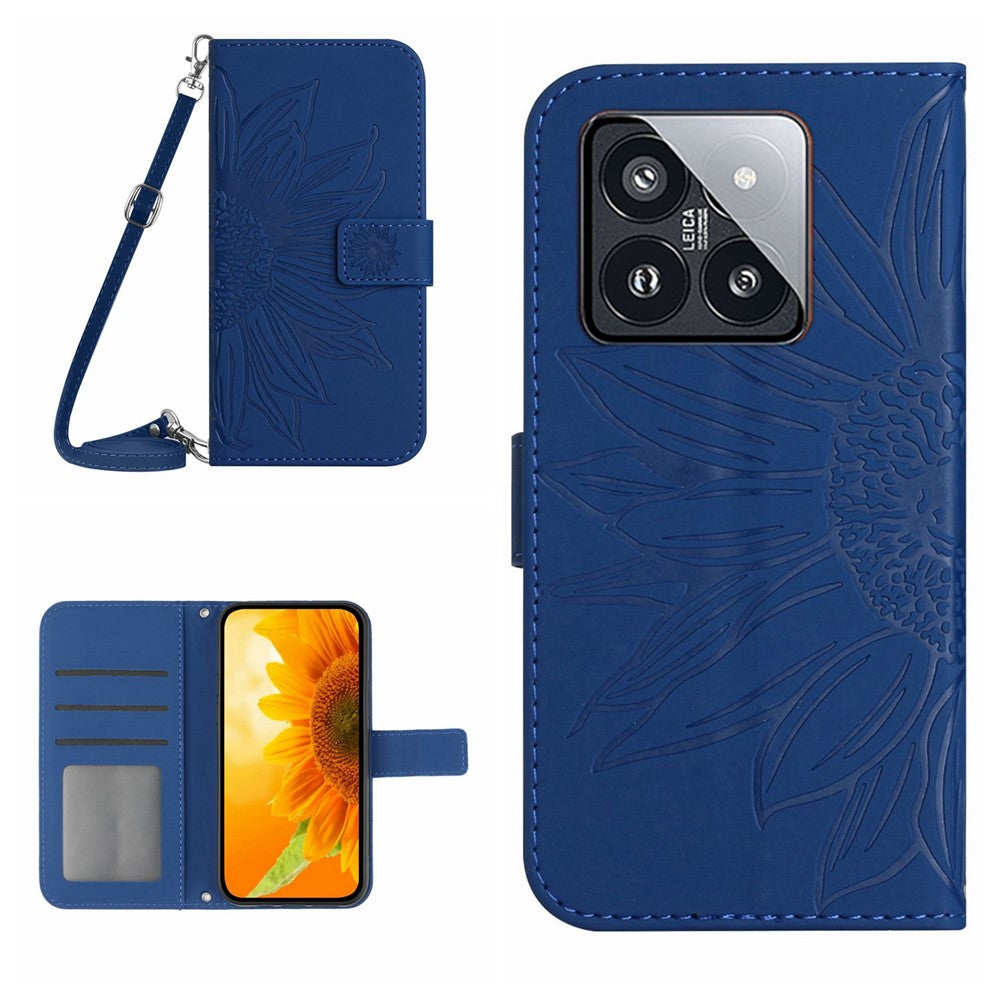HT04 For Xiaomi 14 Case Sunflower Imprinted Stand Wallet Cover with Shoulder Strap