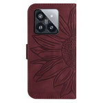 HT04 For Xiaomi 14 Case Sunflower Imprinted Stand Wallet Cover with Shoulder Strap