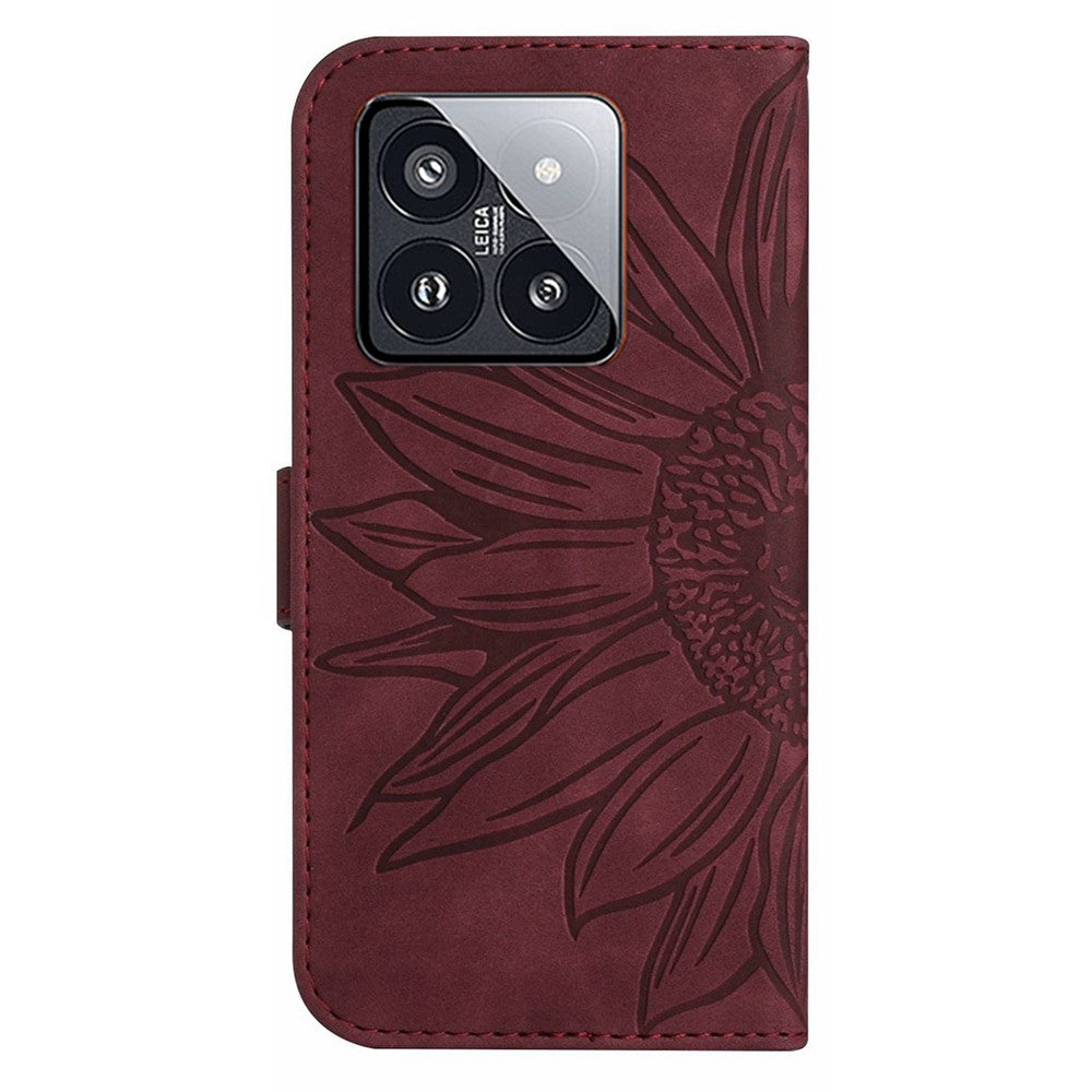 HT04 For Xiaomi 14 Case Sunflower Imprinted Stand Wallet Cover with Shoulder Strap