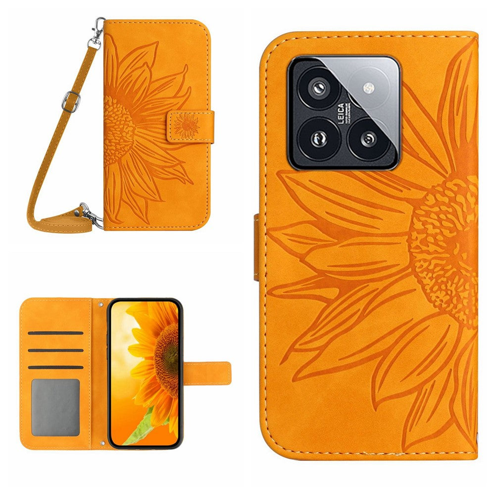 HT04 For Xiaomi 14 Case Sunflower Imprinted Stand Wallet Cover with Shoulder Strap