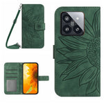 HT04 For Xiaomi 14 Case Sunflower Imprinted Stand Wallet Cover with Shoulder Strap