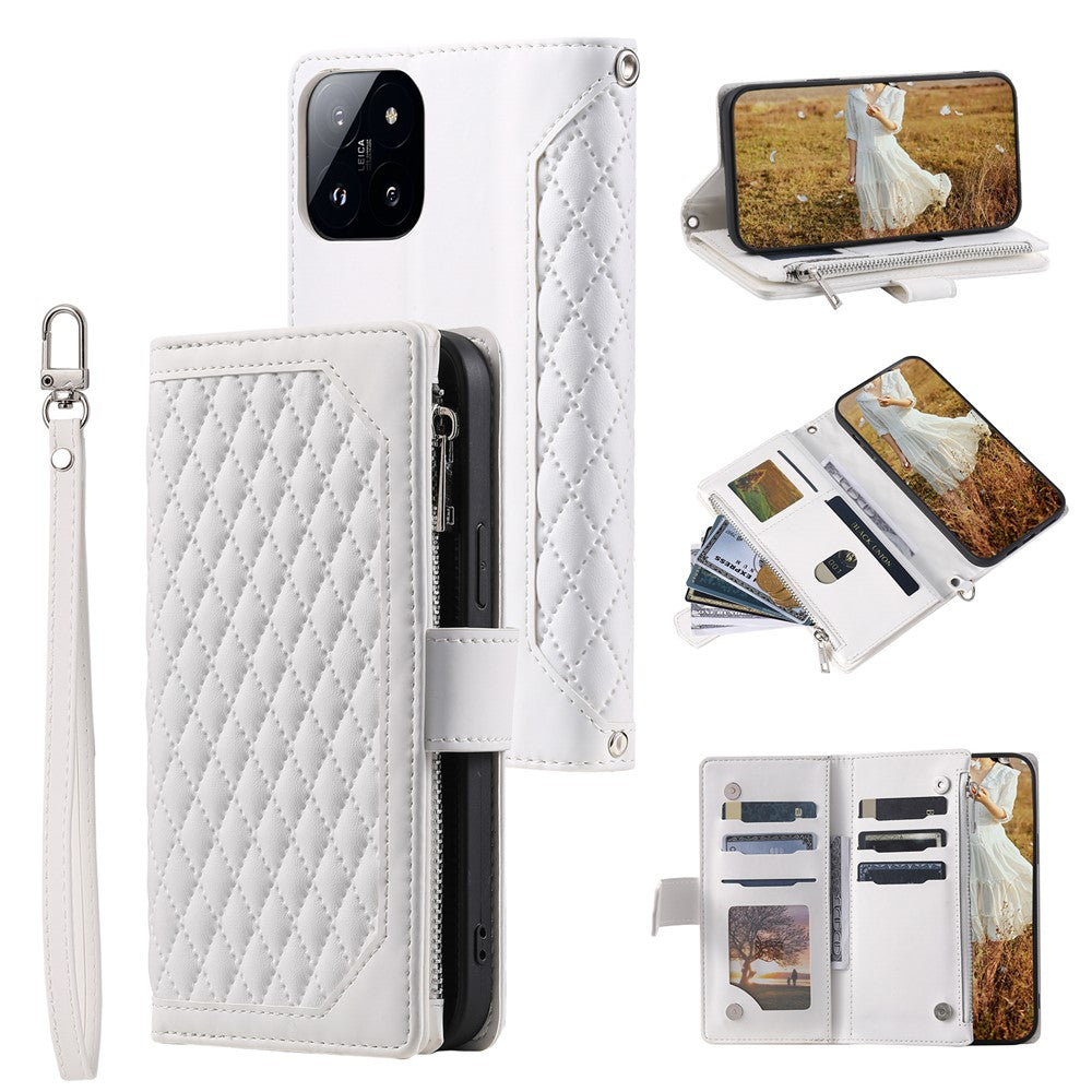 005 Style For Xiaomi 14 Pro Case Zipper Wallet Rhombus Leather Cover with Strap