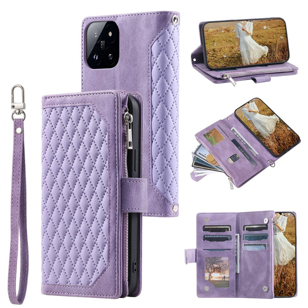 005 Style For Xiaomi 14 Pro Case Zipper Wallet Rhombus Leather Cover with Strap