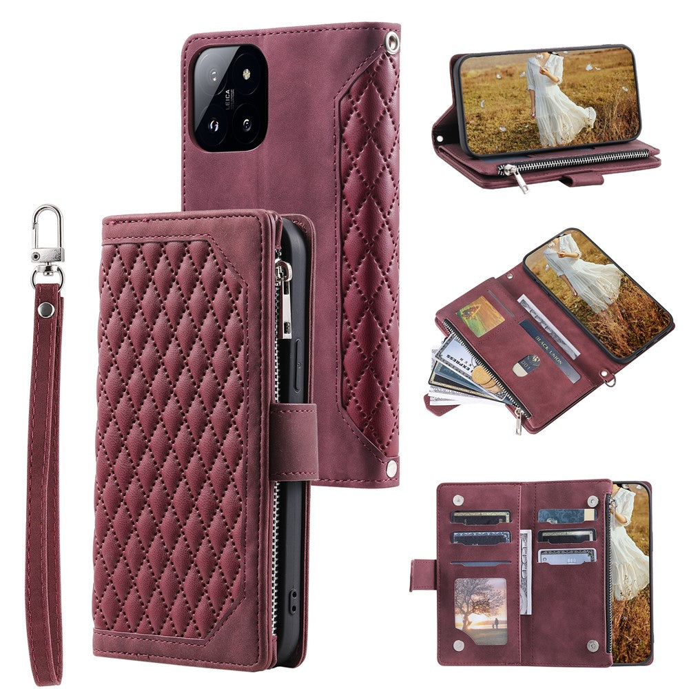 005 Style For Xiaomi 14 Pro Case Zipper Wallet Rhombus Leather Cover with Strap