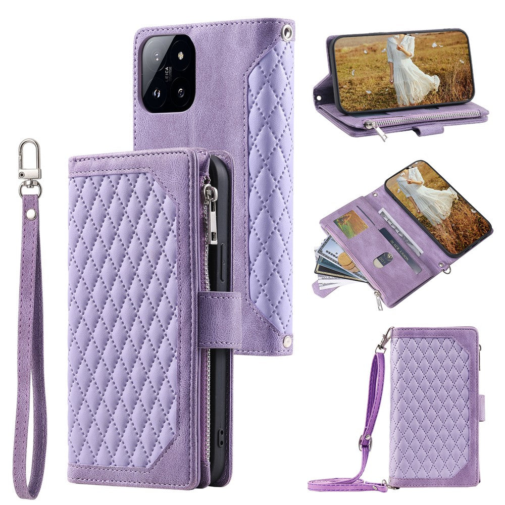 005 Style For Xiaomi 14 Pro Case PU Leather Zipper Wallet Cover with Hand Strap and Shoulder Strap