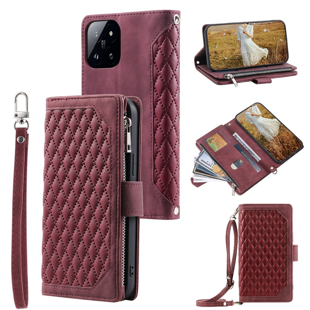 005 Style For Xiaomi 14 Pro Case PU Leather Zipper Wallet Cover with Hand Strap and Shoulder Strap