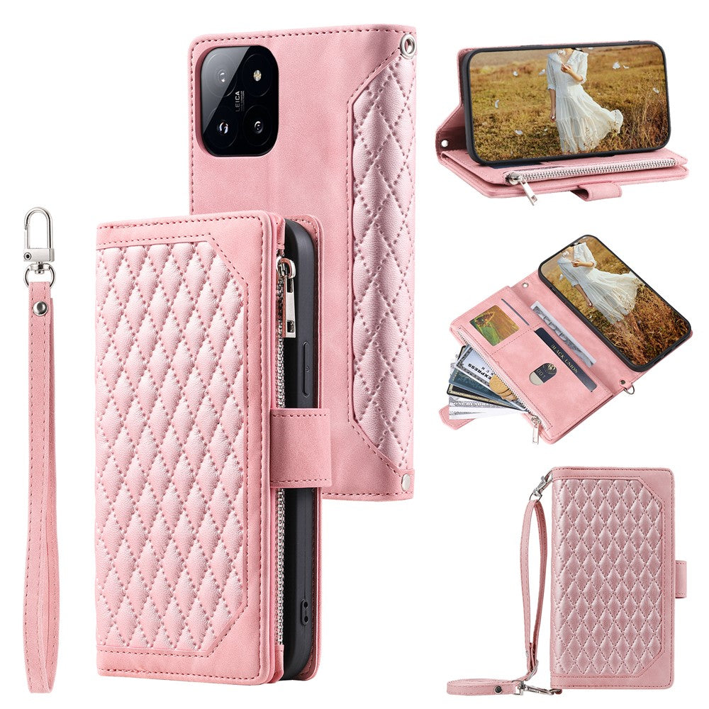 005 Style For Xiaomi 14 Pro Case PU Leather Zipper Wallet Cover with Hand Strap and Shoulder Strap