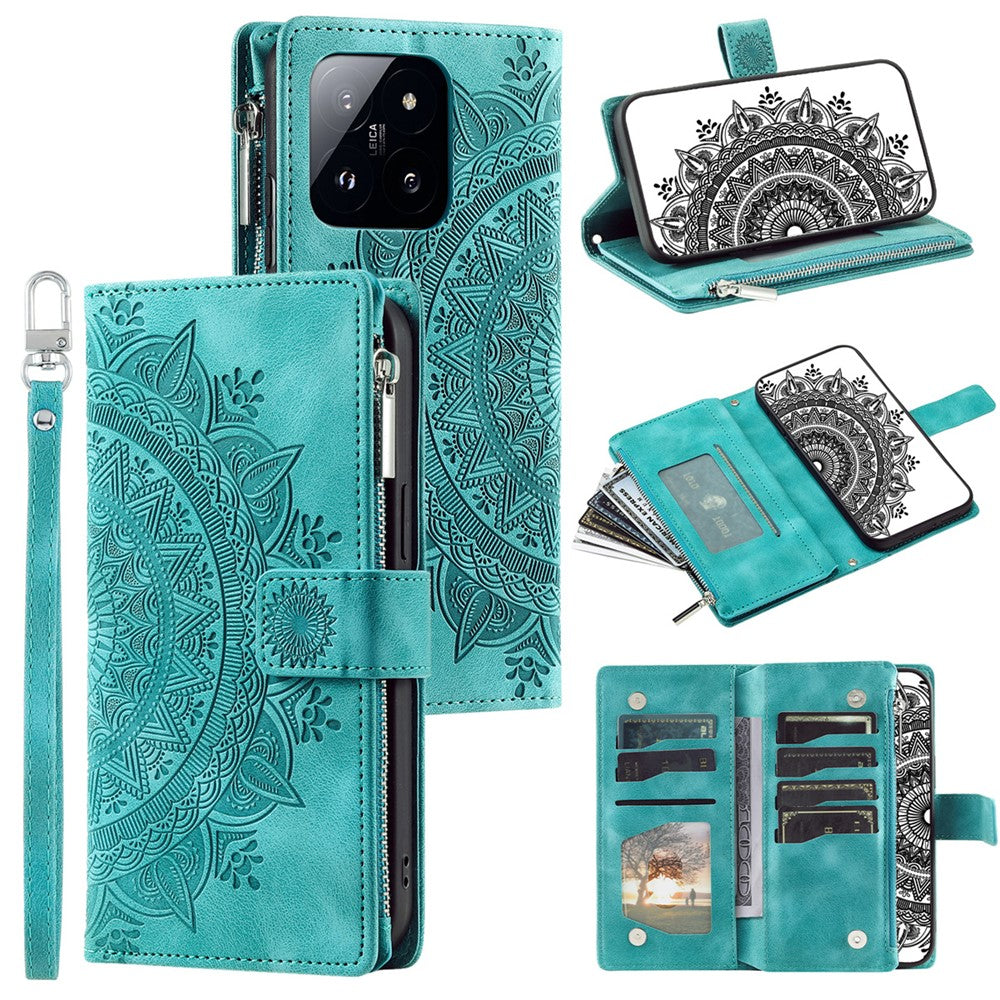 006 For Xiaomi 14 Case Slim-Fit Phone Shell Leather Wallet Imprinted Phone Cover with Strap